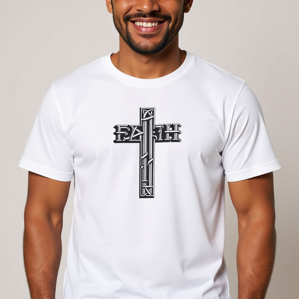 Two men wearing white Christian T-shirts featuring a bold cross design and the word 'FAITH'.