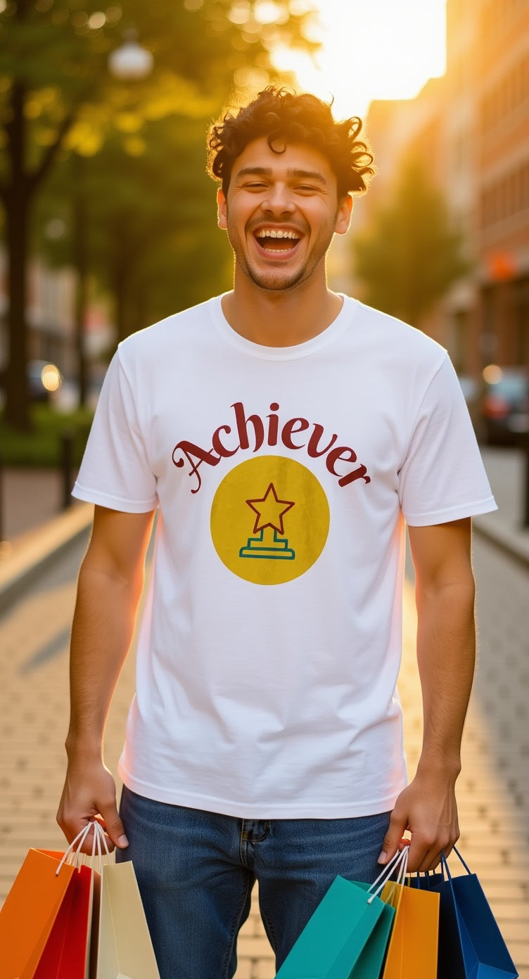 White t-shirt with 'Achiever' text and star graphic, promoting motivation and positivity.