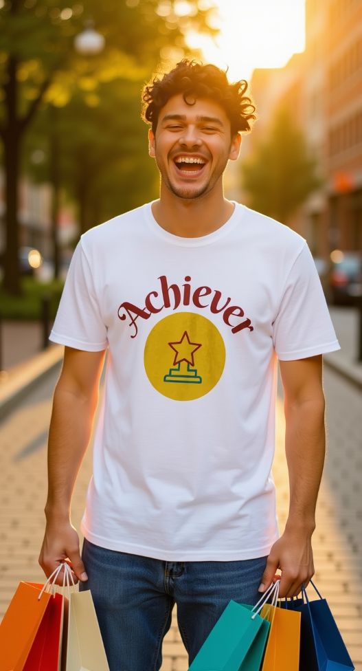 White t-shirt with 'Achiever' text and star graphic, promoting motivation and positivity.