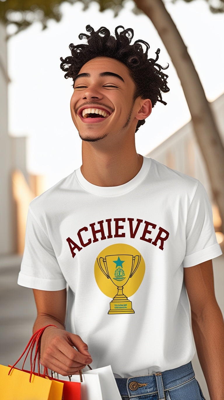 White t-shirt with 'Achiever' text and star graphic, promoting motivation and positivity.