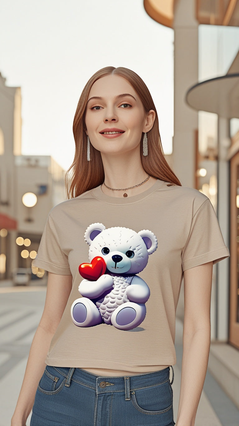 Woman wearing a beige graphic T-shirt featuring a cute bear with heart-shaped sunglasses and a red heart.