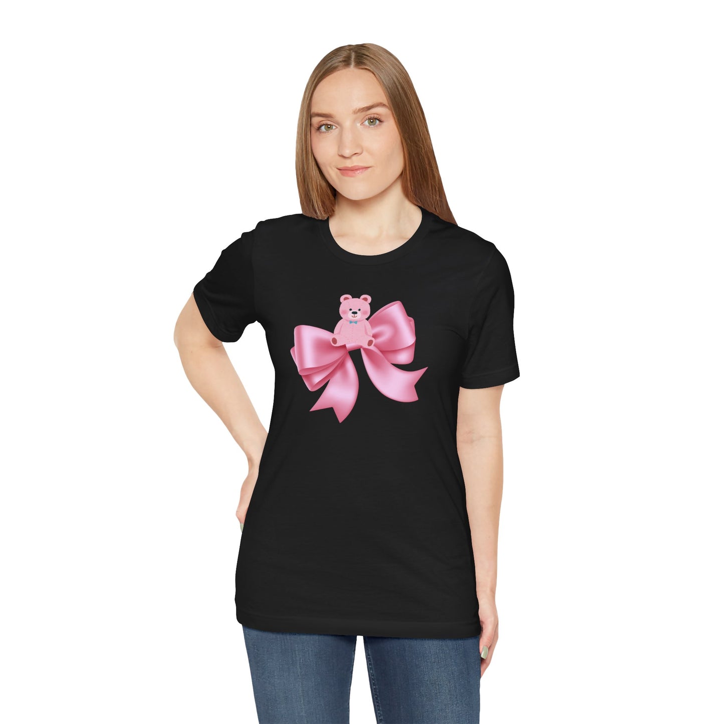 Cute Pink Teddy Bear Bow Tee - Jersey Short Sleeve T-Shirt