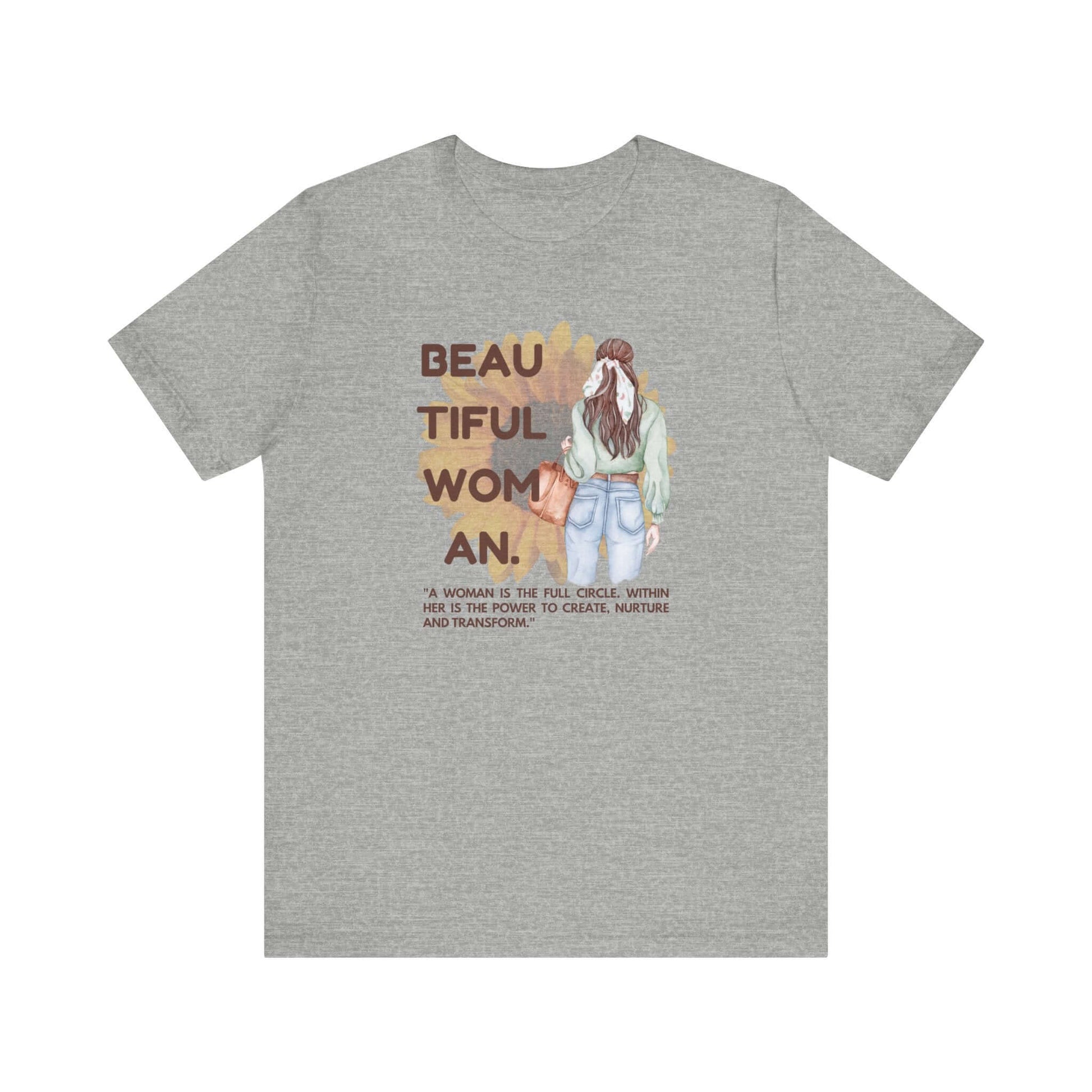 Gray women's tee with graphic design celebrating beauty and empowerment for everyday wear.