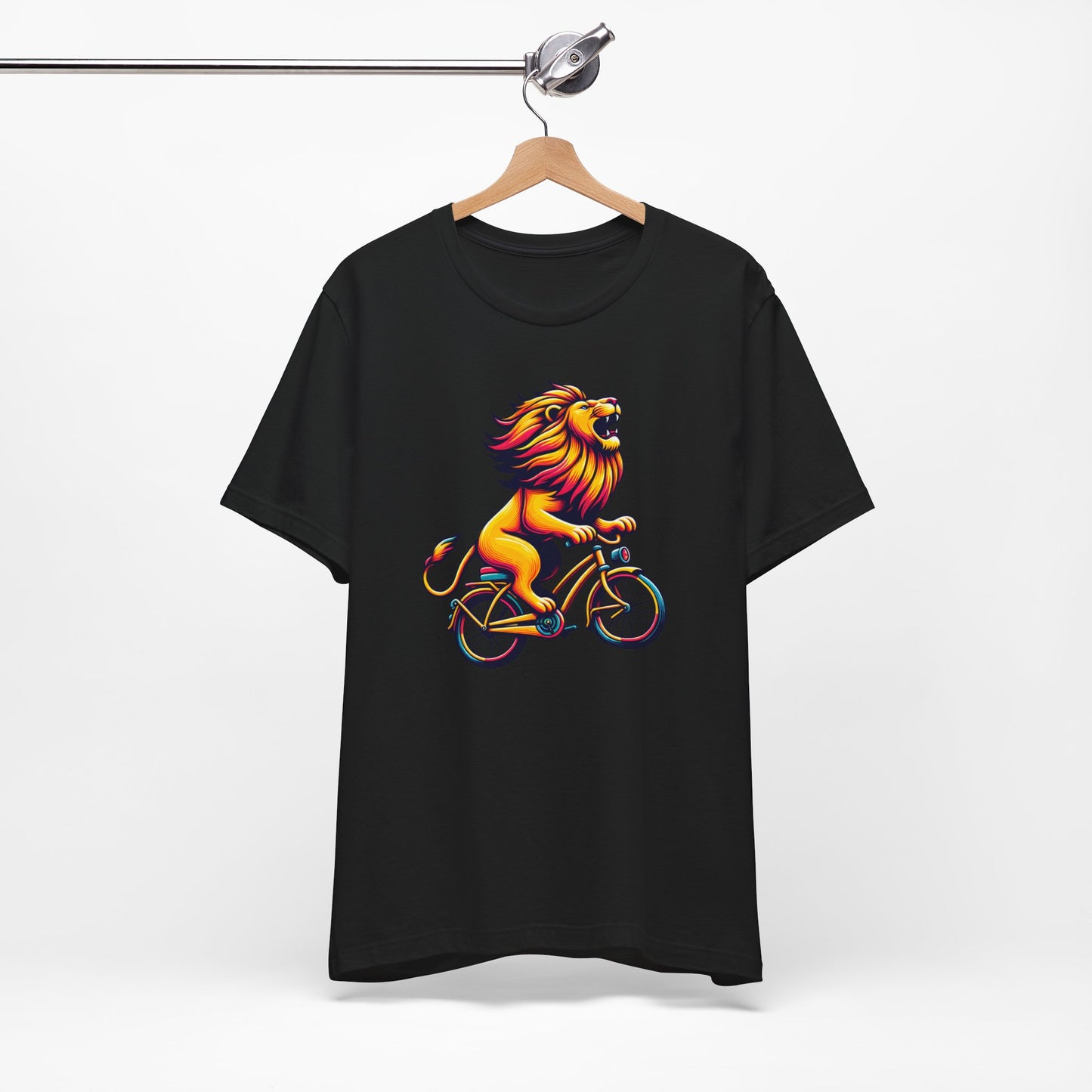 Lion on Bicycle Unisex Tee - Fun Graphic T-Shirt for Animal Lovers