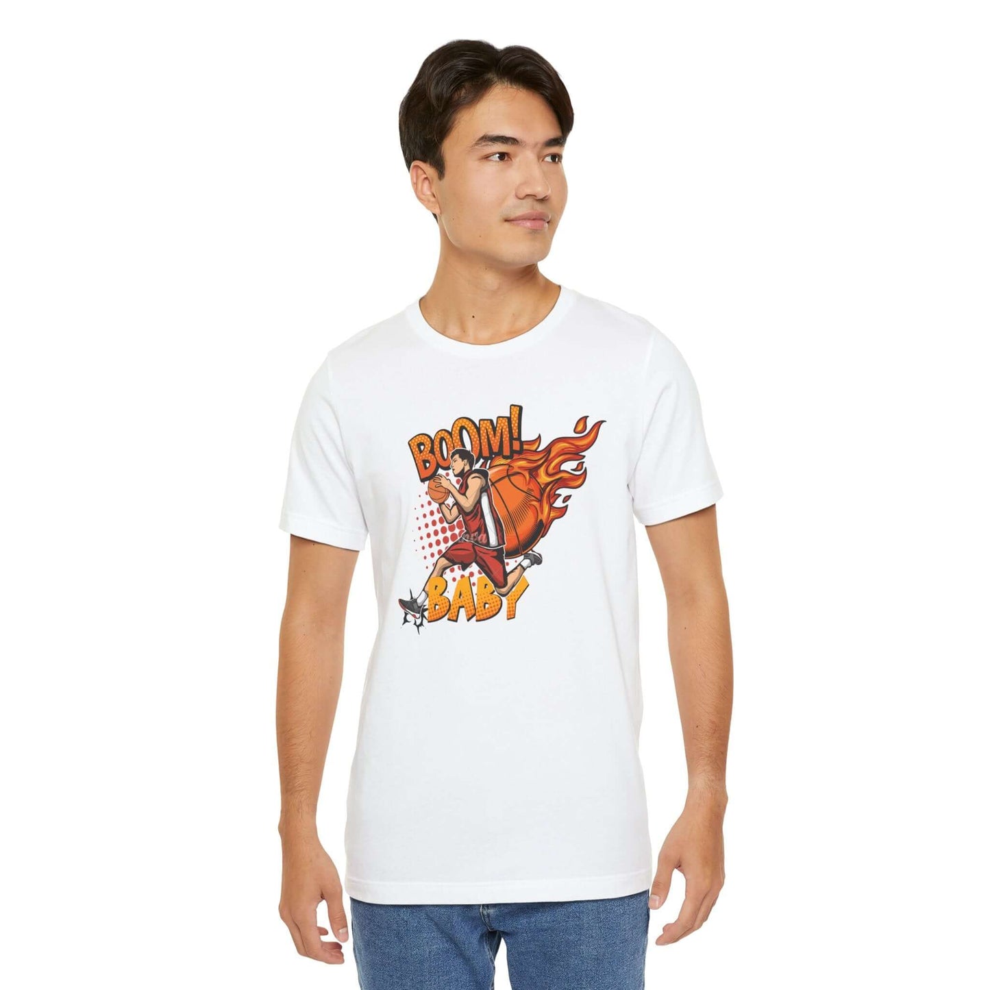 Man wearing a white Boom Baby Basketball Tee featuring a colorful graphic design of a basketball.