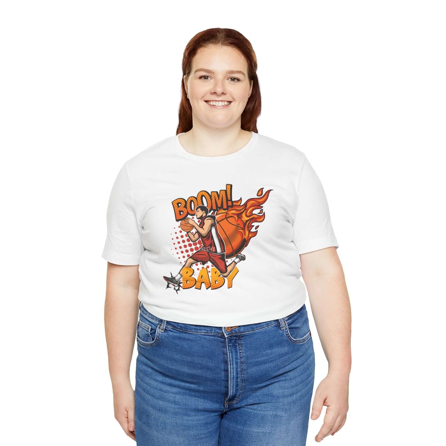 Unisex Boom Baby Basketball Tee featuring a vibrant graphic design, perfect for sports fans and casual wear.