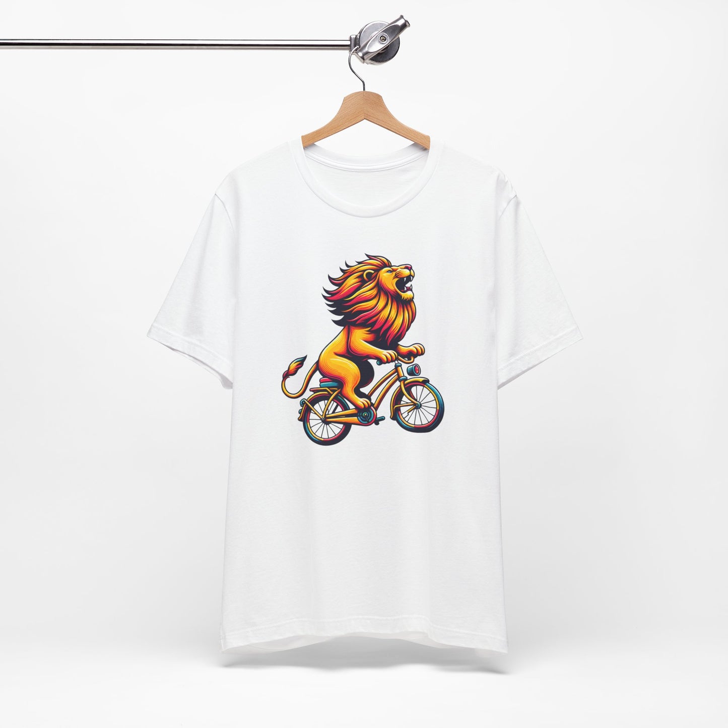 Lion on Bicycle Unisex Tee - Fun Graphic T-Shirt for Animal Lovers