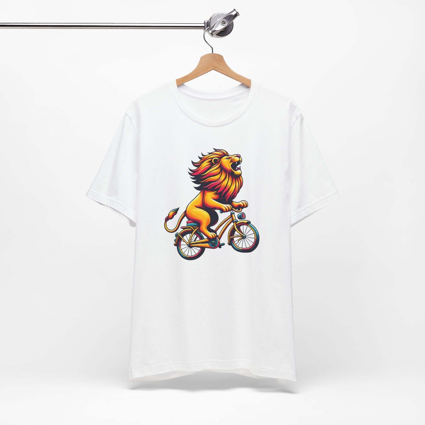 Lion on Bicycle Unisex Tee - Fun Graphic T-Shirt for Animal Lovers