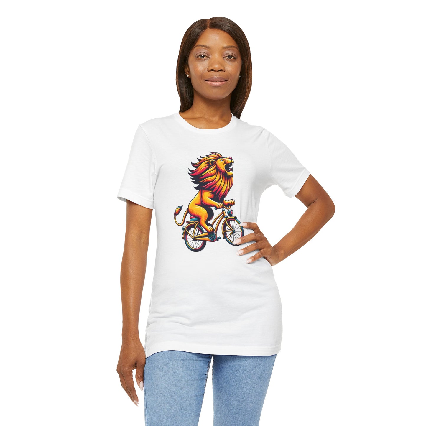 Lion on Bicycle Unisex Tee - Fun Graphic T-Shirt for Animal Lovers