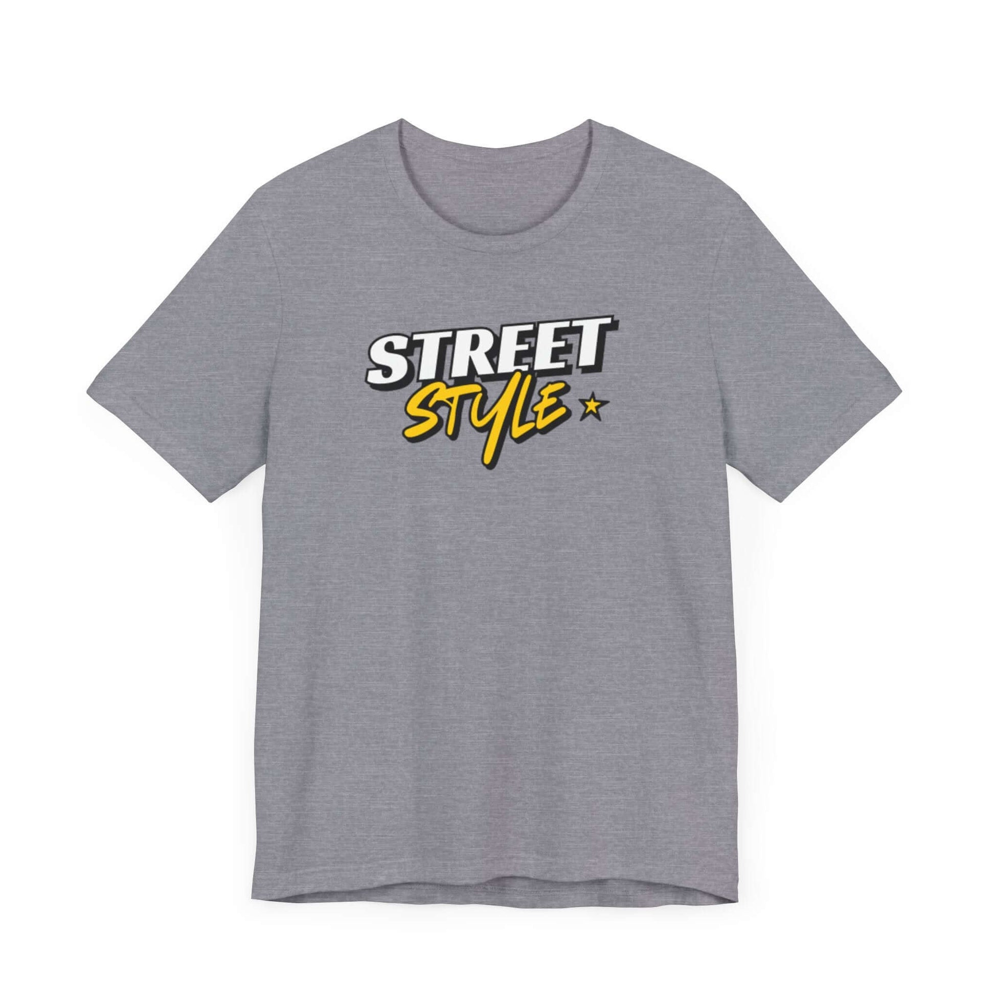 Gray street style graphic tee with bold yellow lettering, perfect for trendy urban fashion and casual wear.