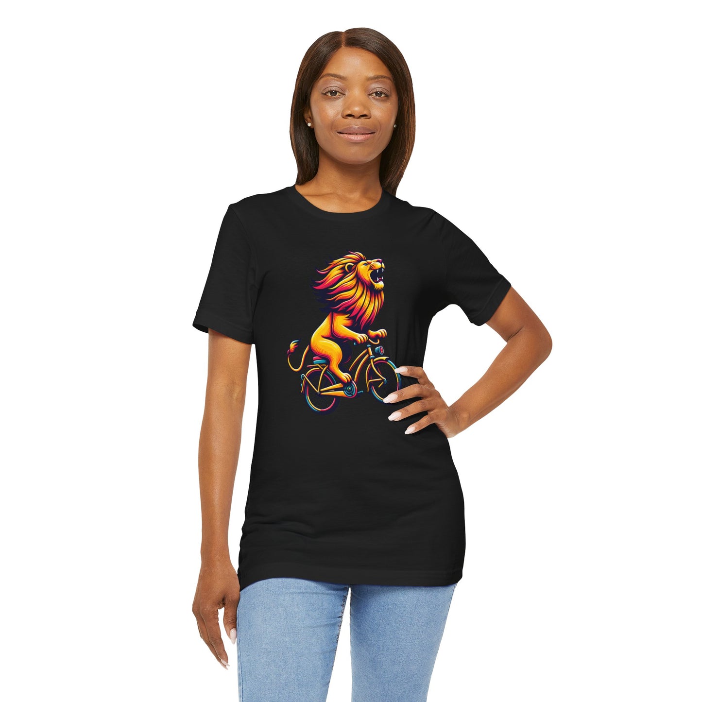 Lion on Bicycle Unisex Tee - Fun Graphic T-Shirt for Animal Lovers