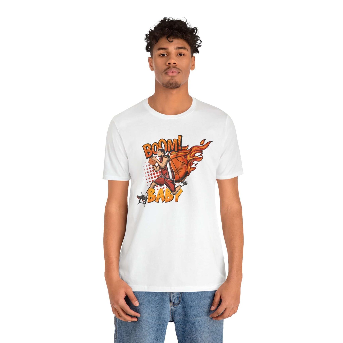 Unisex Boom Baby Basketball Tee featuring a vibrant graphic design, perfect for gamers and sports fans.