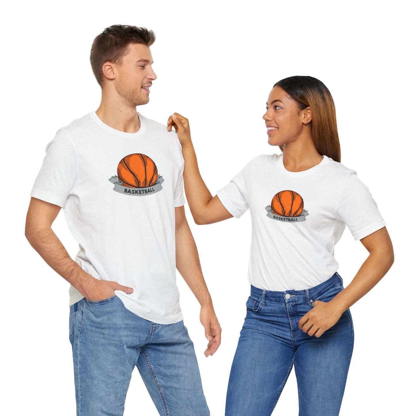 Two models wearing Basketball Unisex Jersey Tees with a basketball graphic, perfect for sports enthusiasts.