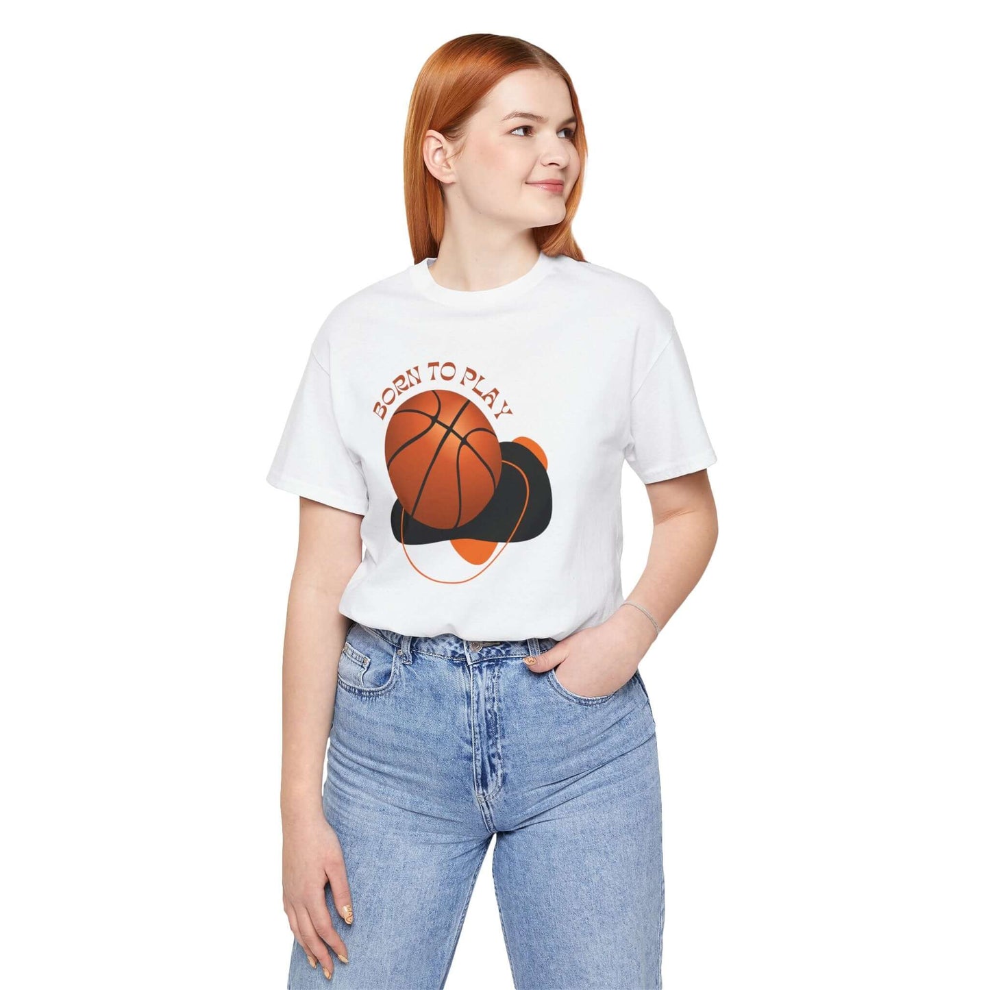Female model wearing a white 'Born to Play' basketball tee, showcasing a fun graphic design with a basketball.