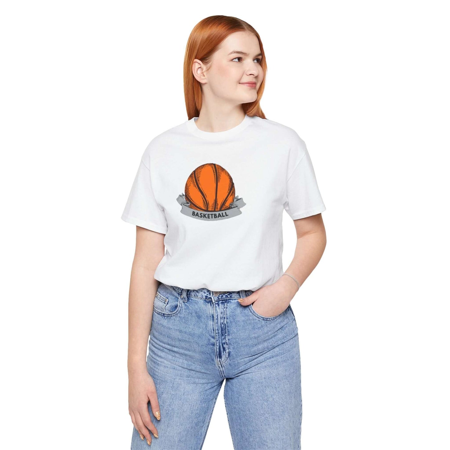 Woman wearing a white basketball unisex jersey tee featuring an orange basketball graphic, perfect for casual wear.