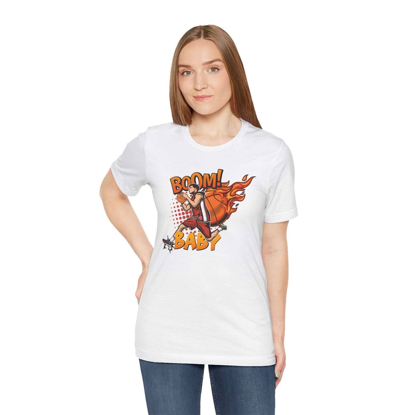Boom Baby Basketball Tee featuring a dynamic graphic design on a white unisex shirt, perfect for sports fans.