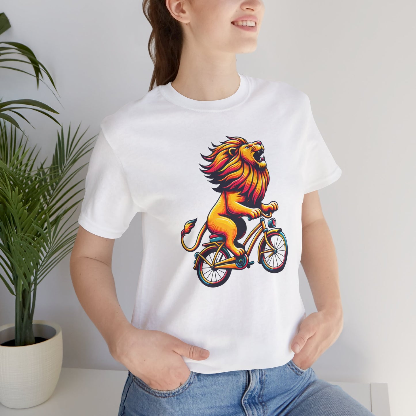 Lion on Bicycle Unisex Tee - Fun Graphic T-Shirt for Animal Lovers