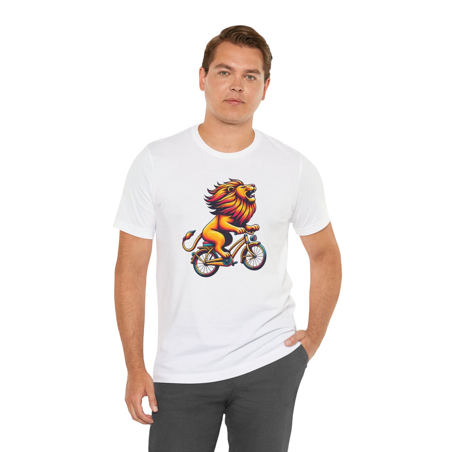 Lion on Bicycle Unisex Tee - Fun Graphic T-Shirt for Animal Lovers