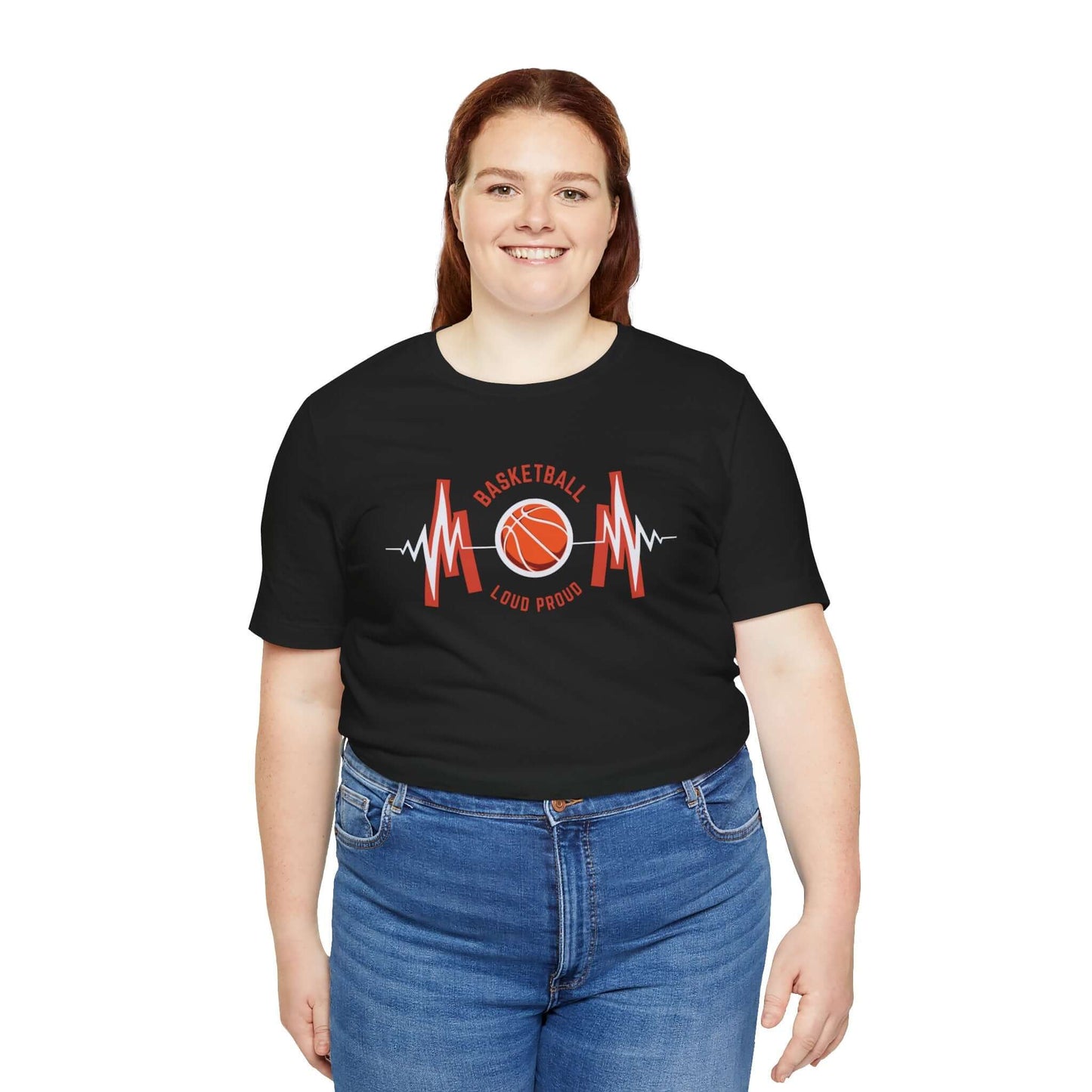 Unisex Basketball Heartbeat Tee in black worn by a smiling woman, ideal for sports lovers and casual wear.