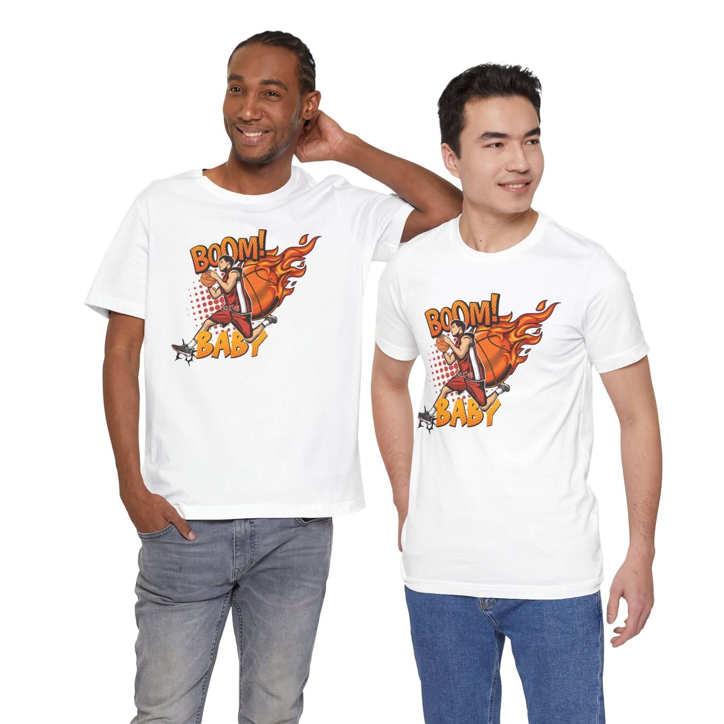 Two men wearing Boom Baby Basketball Tees in white, showcasing a fun and casual streetwear style.