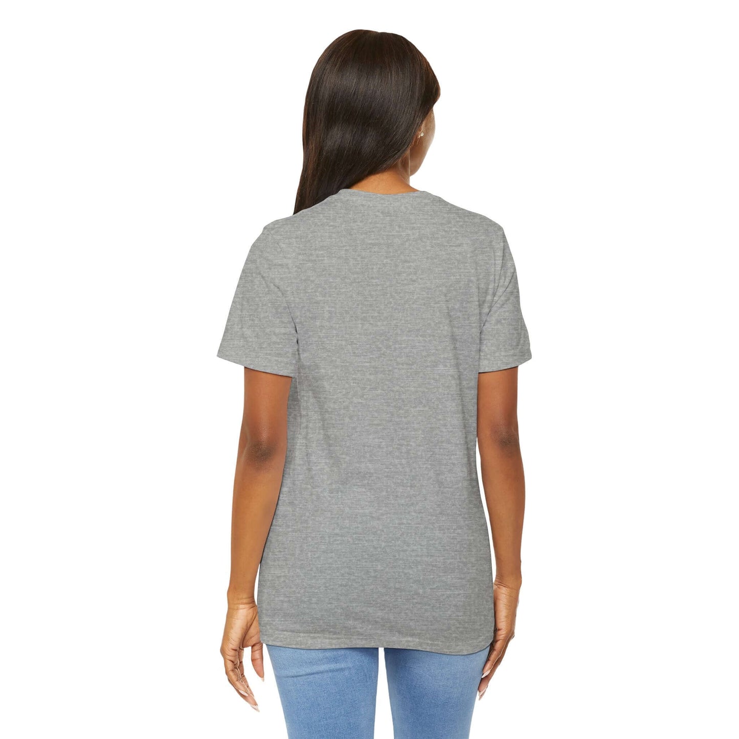 Back view of a woman wearing a gray Positive Vibe Women's Tee, highlighting its casual style and fit.