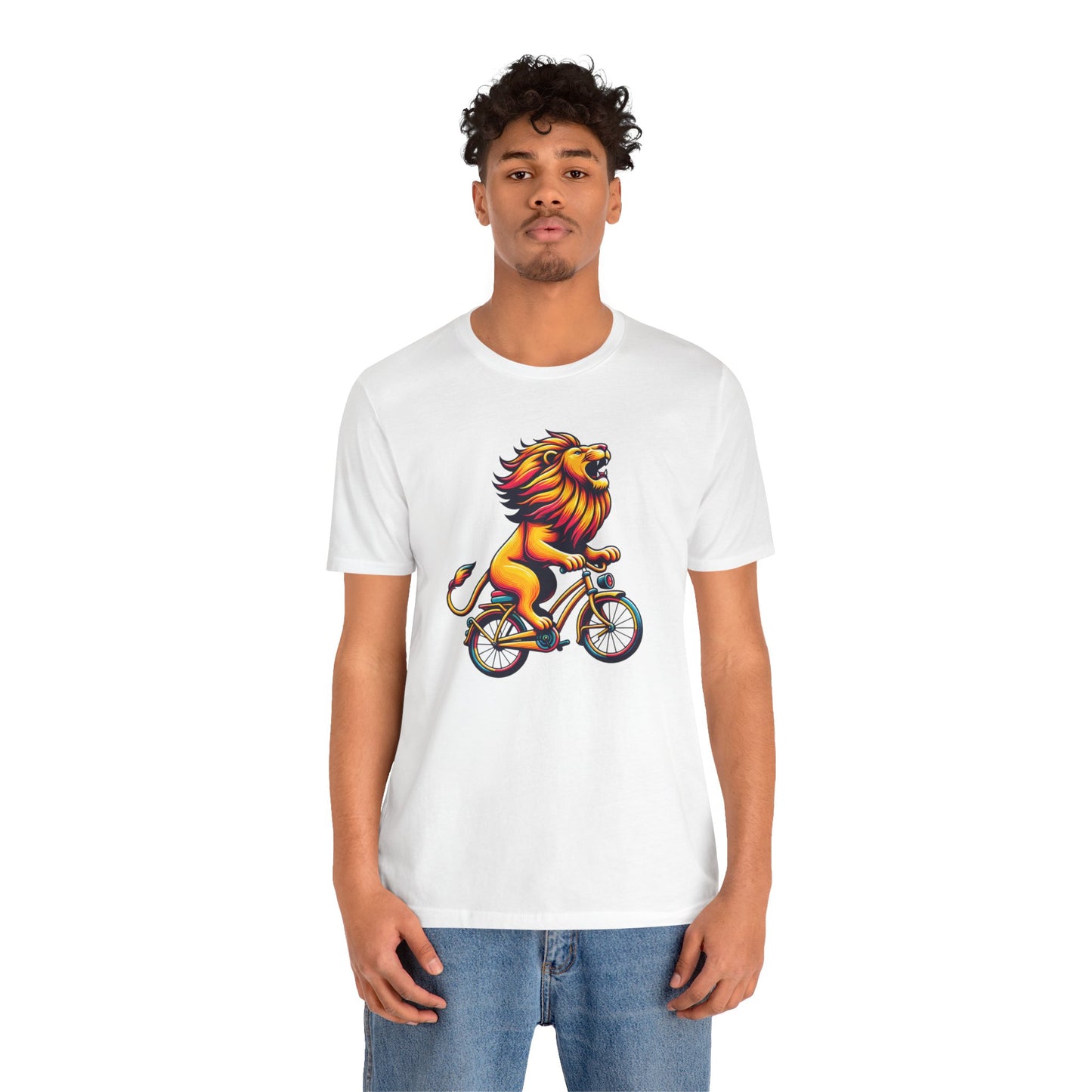 Lion on Bicycle Unisex Tee - Fun Graphic T-Shirt for Animal Lovers