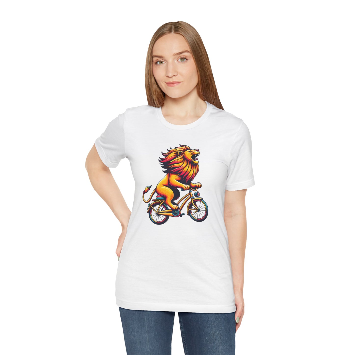 Lion on Bicycle Unisex Tee - Fun Graphic T-Shirt for Animal Lovers