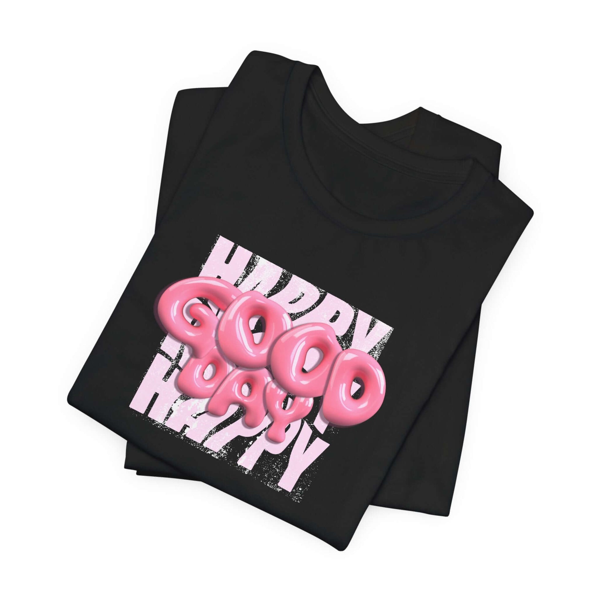Black graphic tee with pink 'Happy Good Vibes' text, perfect for casual wear and gifts.