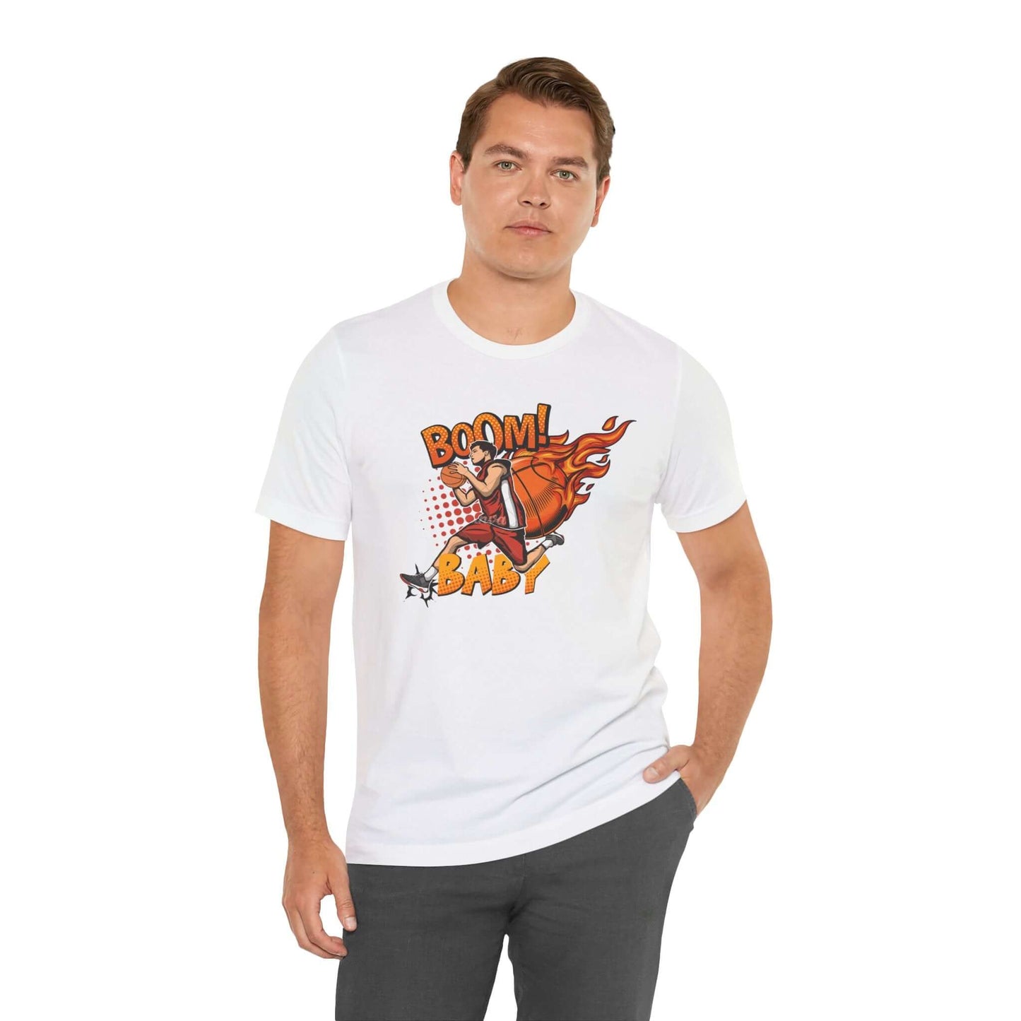 Man wearing a white Boom Baby basketball tee with a vibrant graphic design, perfect for sports fans.