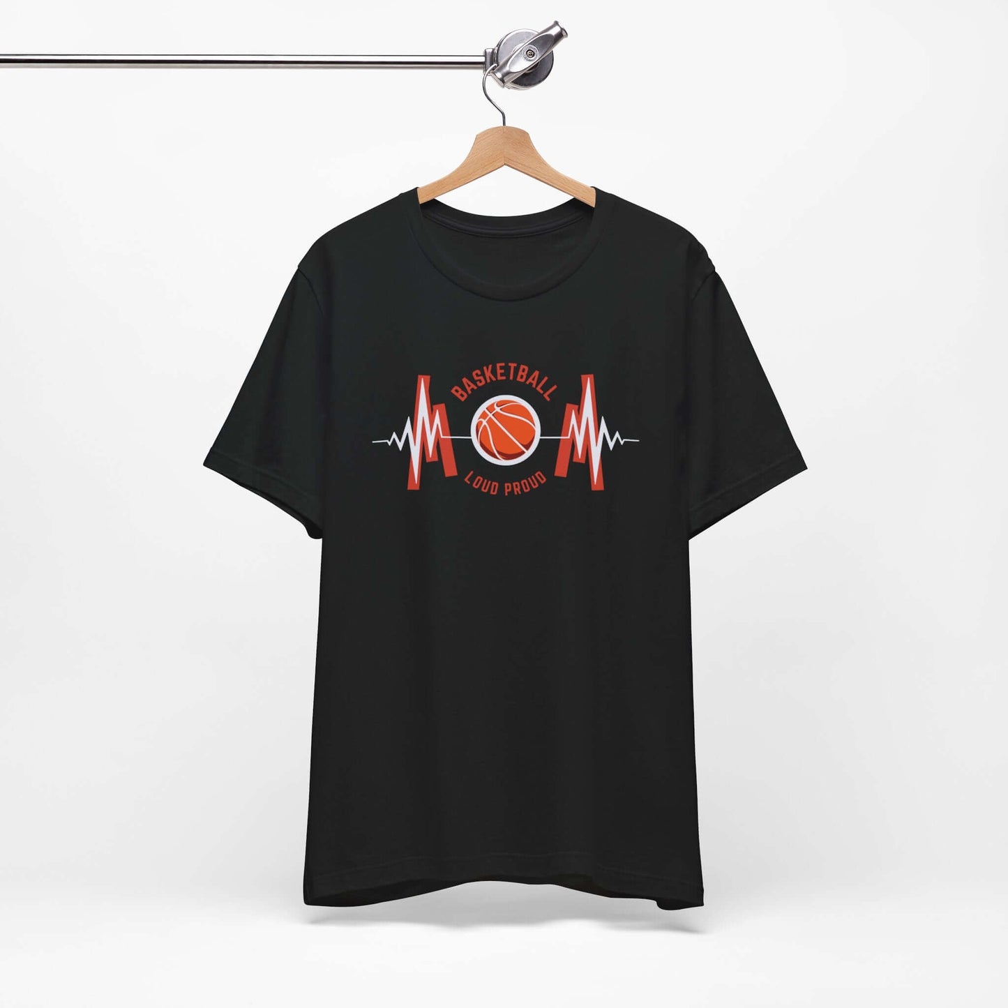 Basketball Heartbeat Tee on a hanger, black unisex short sleeve t-shirt for sports lovers and casual wear.