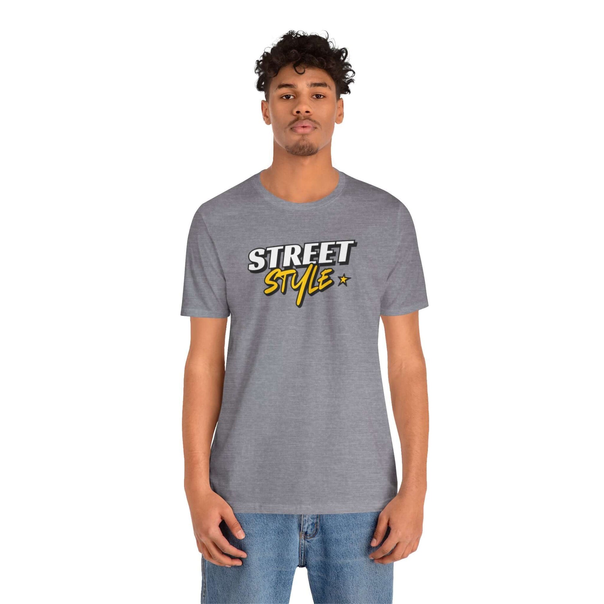 Trendy gray unisex tee featuring bold 'STREET STYLE' graphic, perfect for urban fashion enthusiasts.
