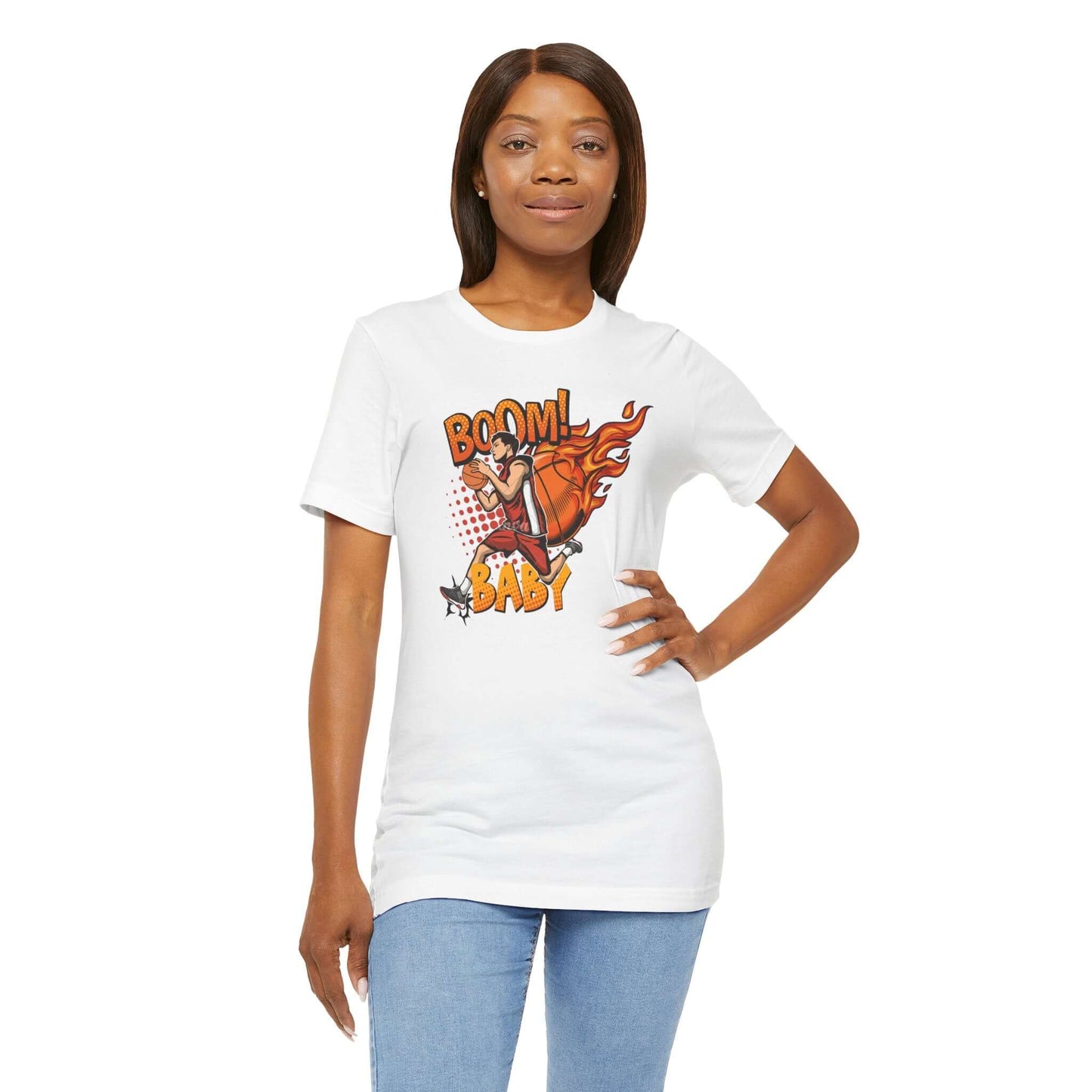 Model wearing a white Boom Baby Basketball Tee, showcasing a vibrant graphic print, perfect for sports fans.