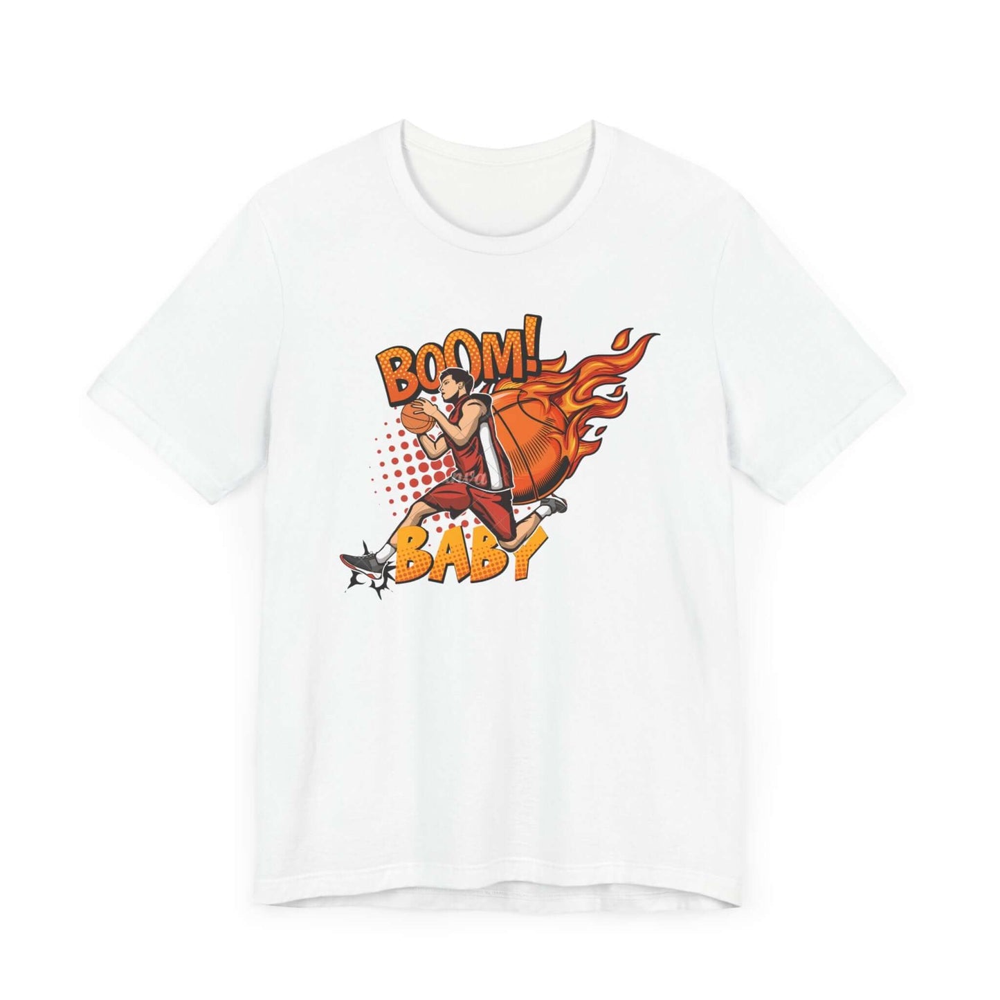 Boom Baby basketball graphic tee in white, perfect for gamers and sports fans, casual streetwear style.