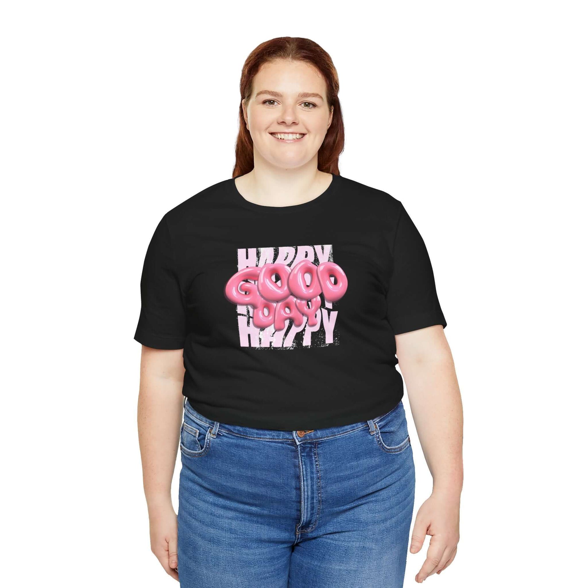 Happy Good Vibes graphic tee, playful t-shirt for casual wear or parties, featuring bold pink text.