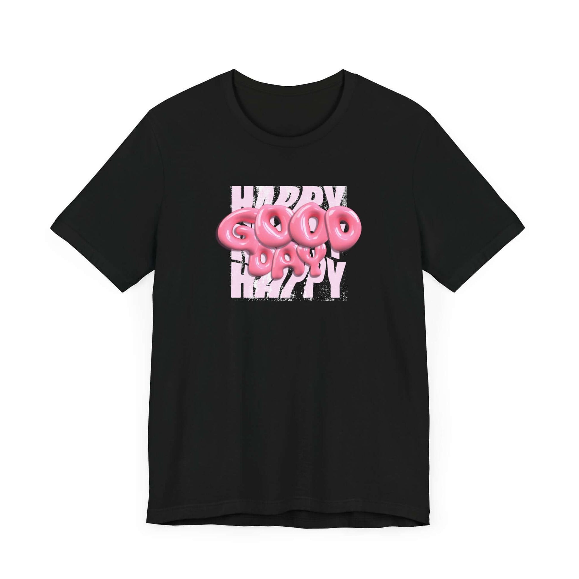 Black graphic tee featuring playful pink 'Good Happy' design, ideal for casual wear and positive vibes.