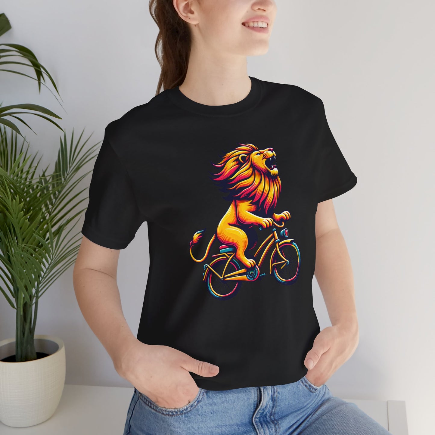 Lion on Bicycle Unisex Tee - Fun Graphic T-Shirt for Animal Lovers