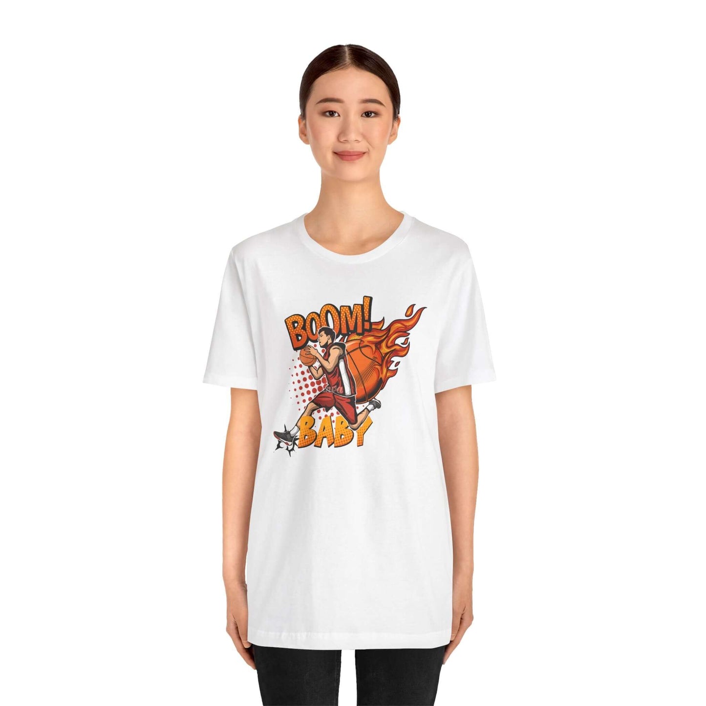 Unisex Boom Baby Basketball Tee displayed by a model, featuring a vibrant graphic design.
