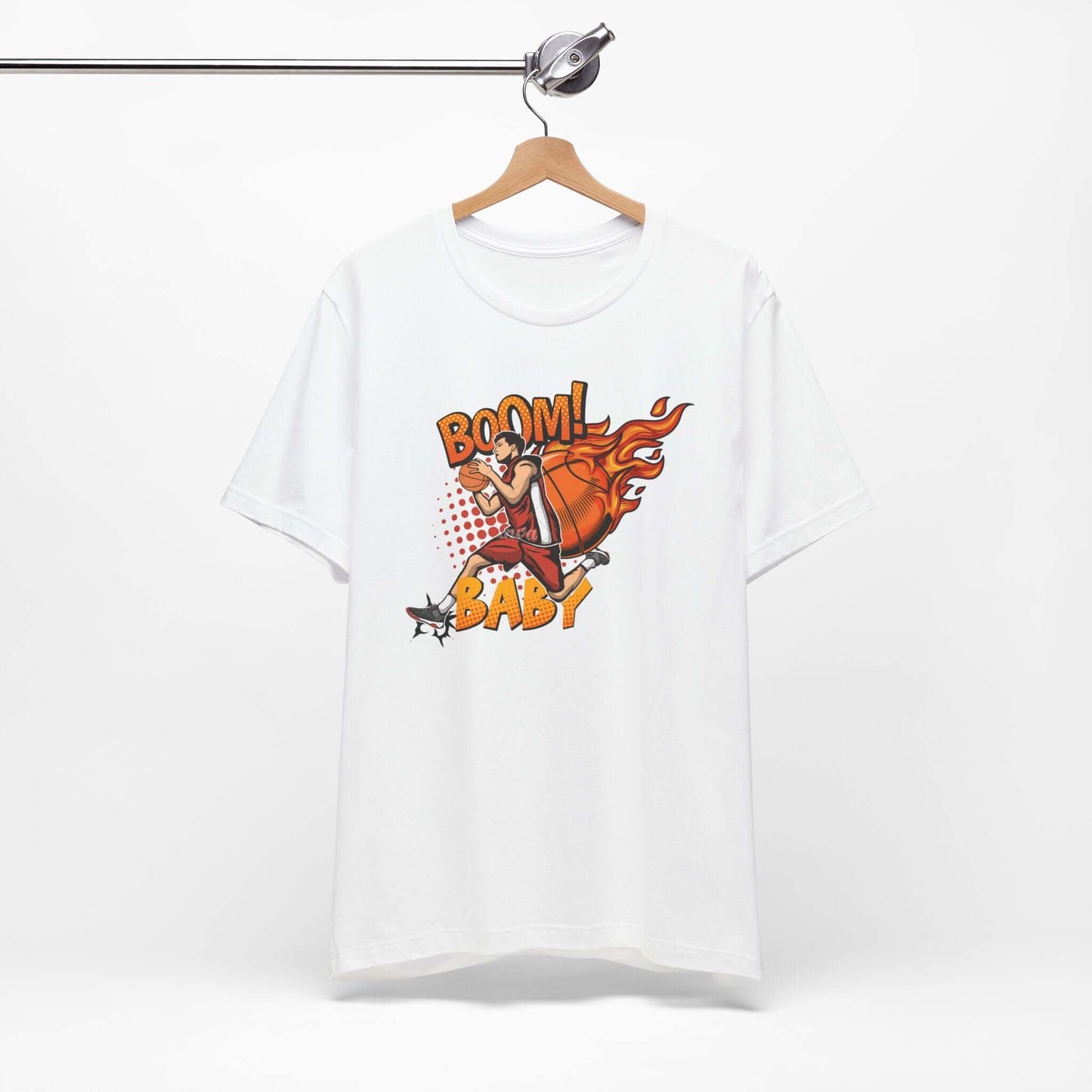 Boom Baby Basketball Tee on a hanger, featuring a vibrant graphic design for the perfect casual streetwear look.