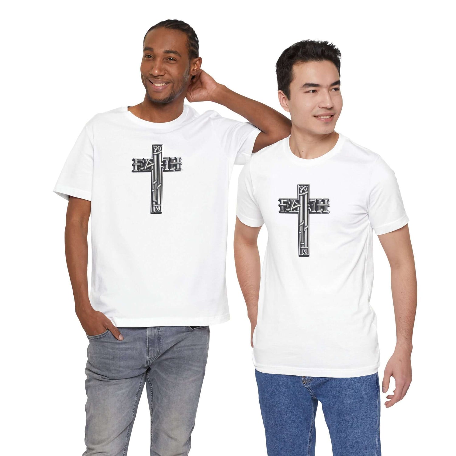 Two men wearing white Christian T-shirts featuring a bold cross design and the word 'FAITH'.