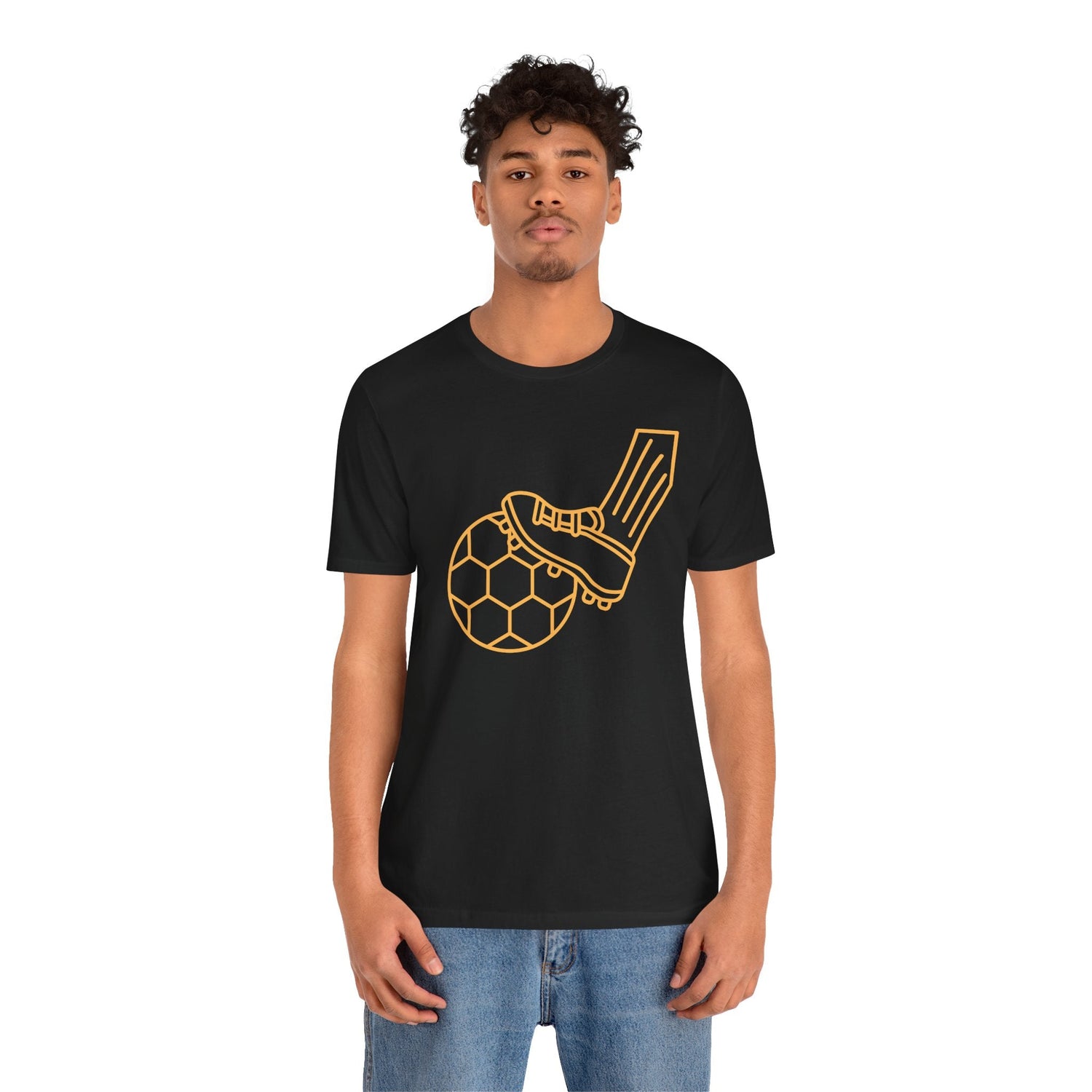 Black soccer t-shirt featuring a bold graphic of a soccer ball and a foot in a stylish design, perfect for fans.