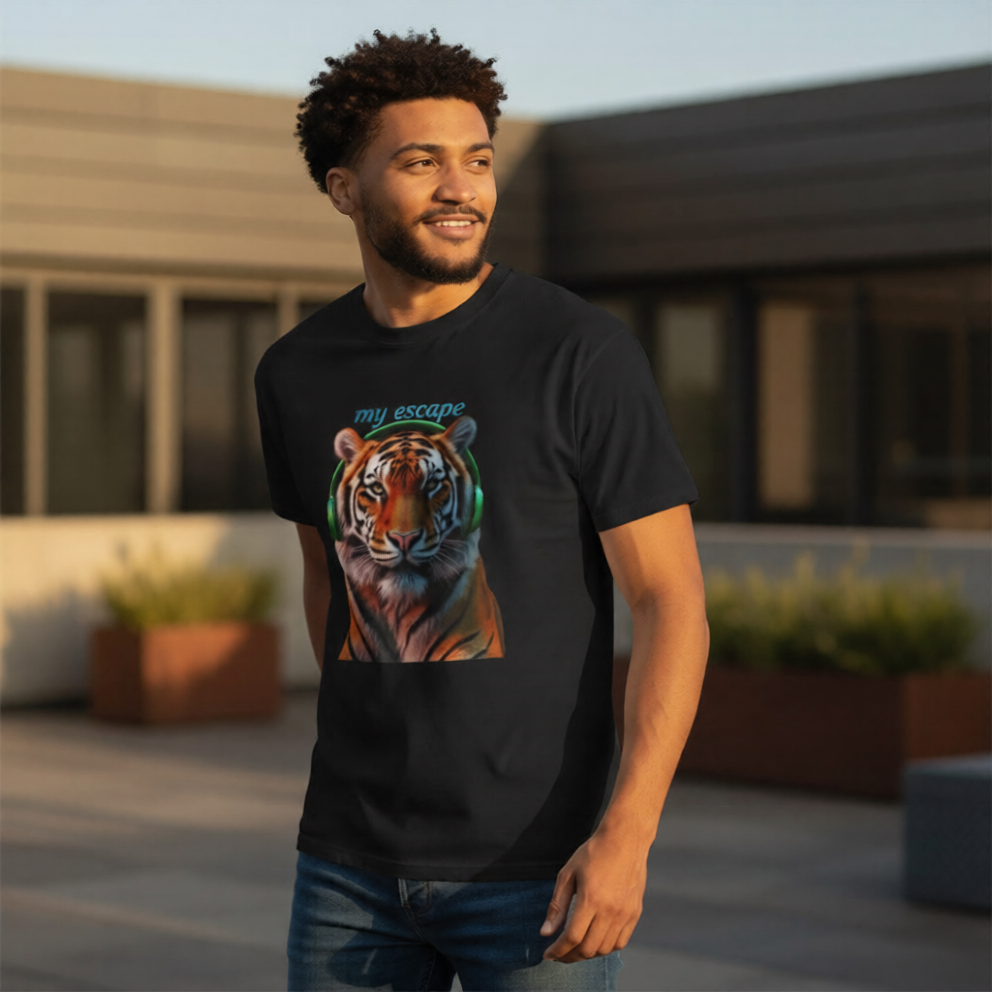 Model wearing a black t-shirt with a cute teddy bear and 'CHILL' graphic, perfect for casual comfort.