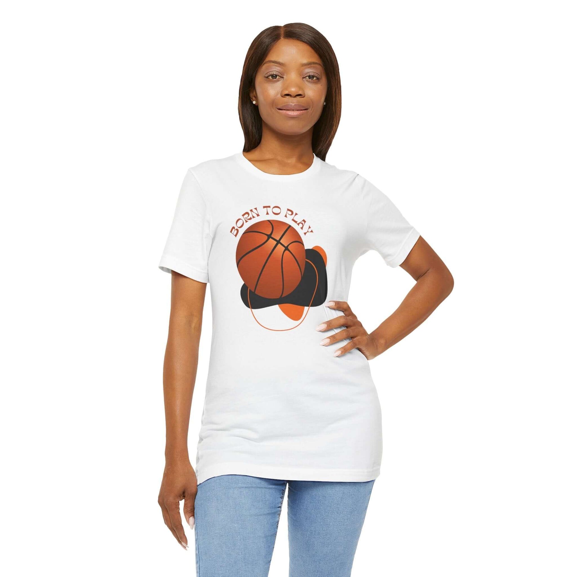 Woman wearing a white Basketball Lover's tee with 'Born to Play' graphic, perfect for sports enthusiasts.