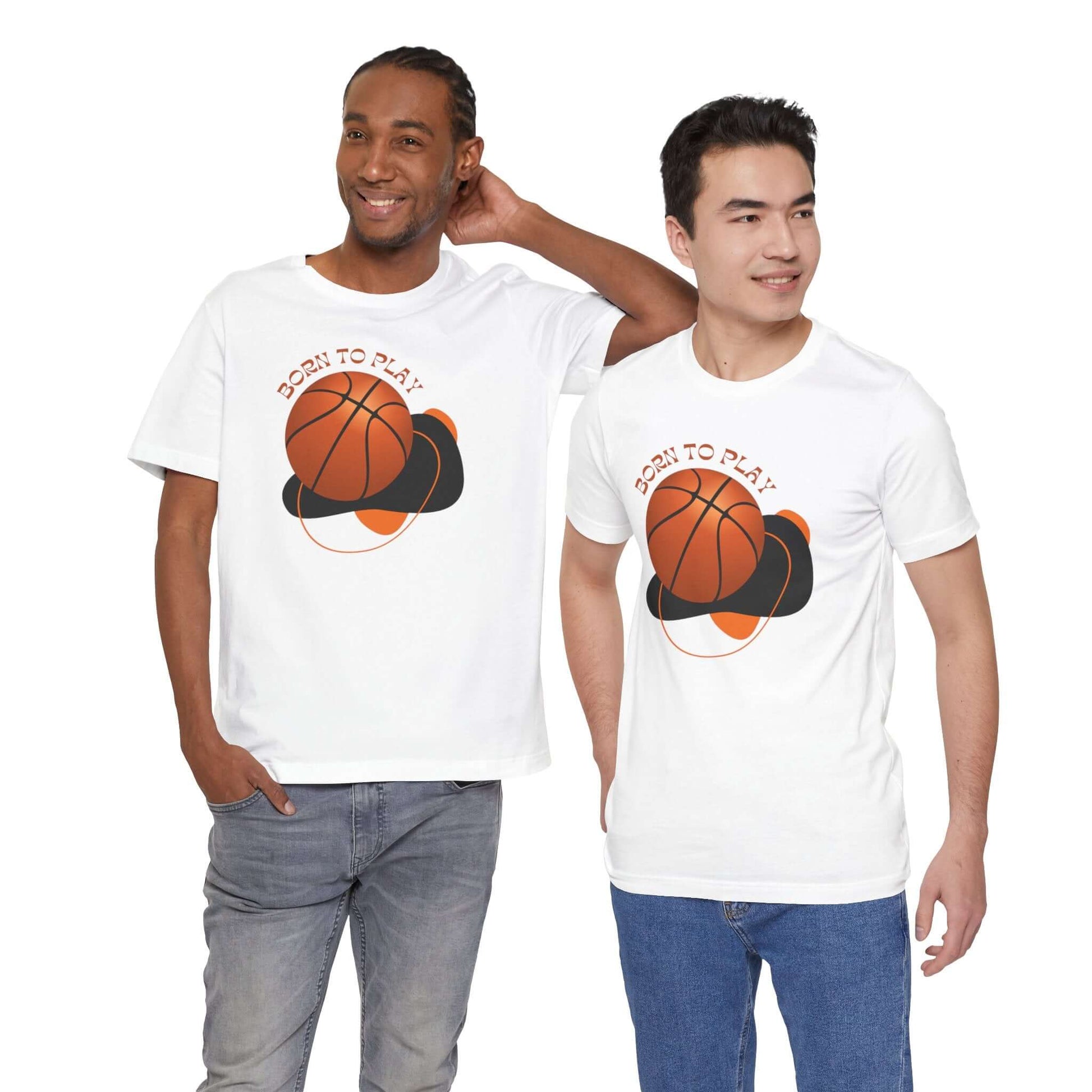 Two men wearing the Basketball Lover's unisex tee, featuring a basketball graphic and the phrase 'Born to Play'.