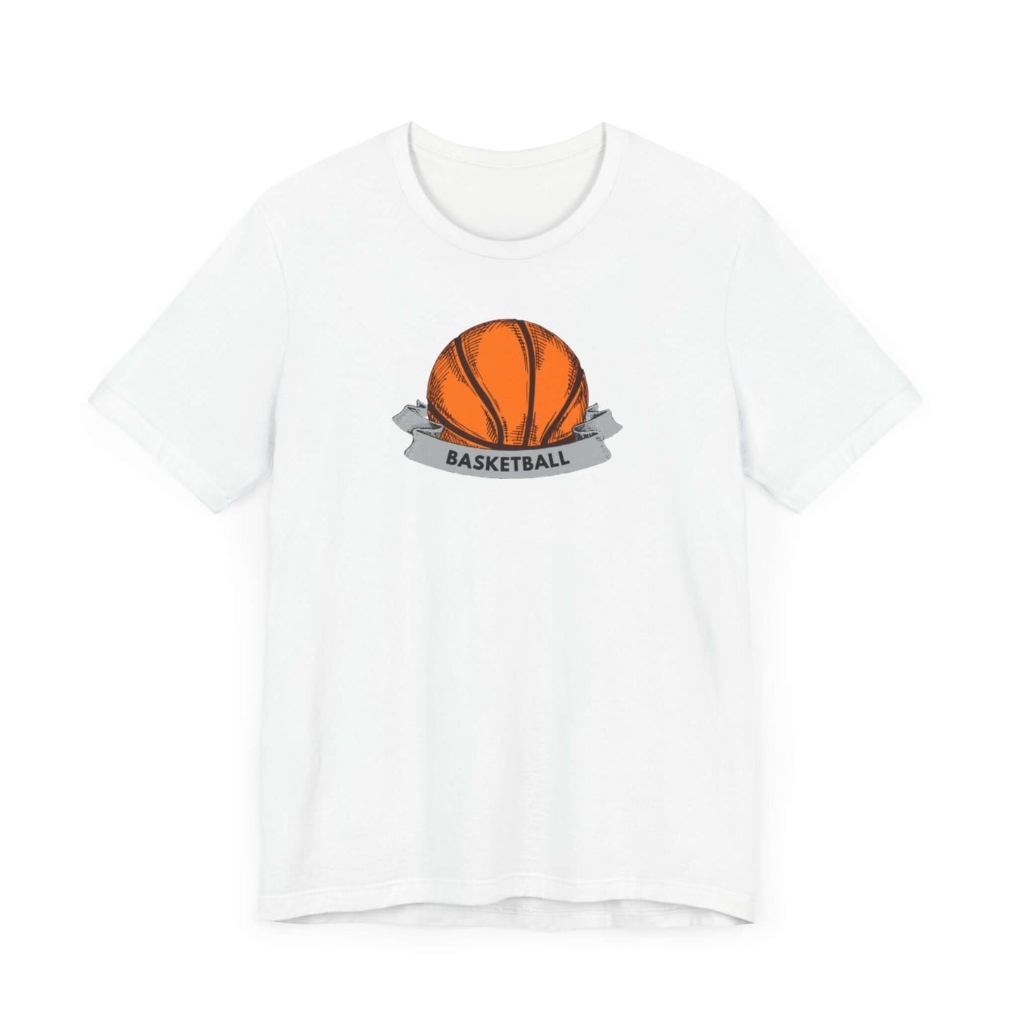White basketball jersey tee featuring an orange basketball graphic with 'BASKETBALL' text, perfect for casual wear.
