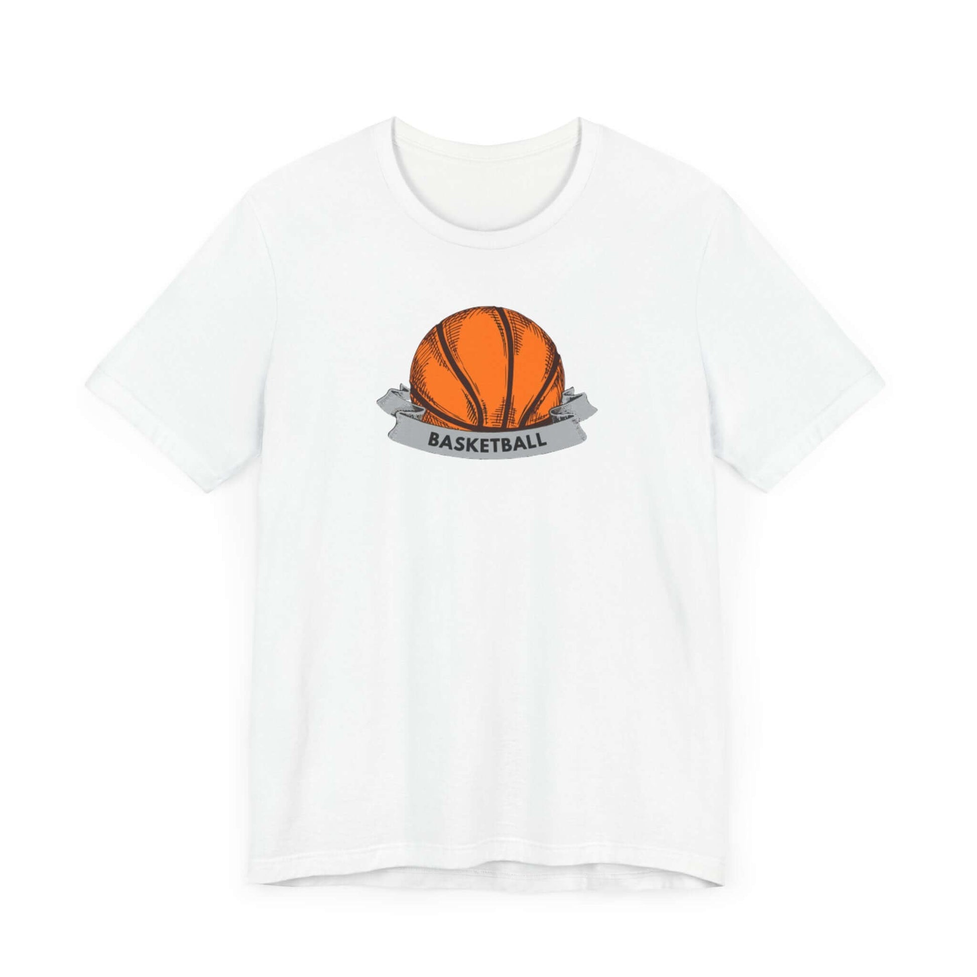 White basketball jersey tee featuring an orange basketball graphic with 'BASKETBALL' text, perfect for casual wear.