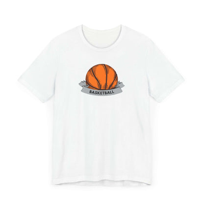 White basketball jersey tee featuring an orange basketball graphic with 'BASKETBALL' text, perfect for casual wear.