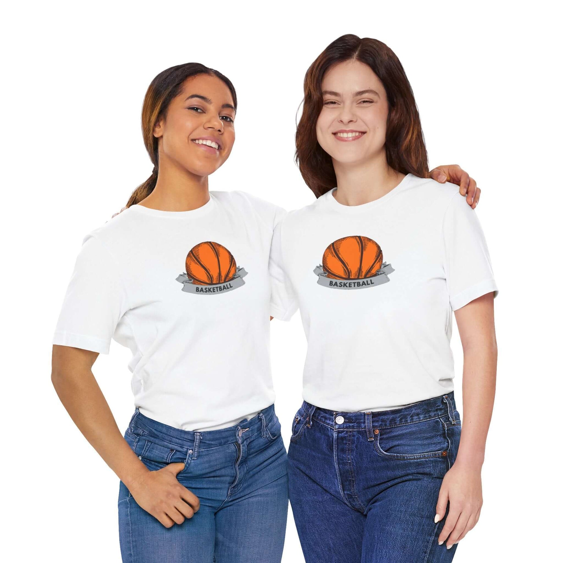 Two women wearing Basketball Unisex Jersey Tee with basketball graphic, perfect gift for sports enthusiasts.