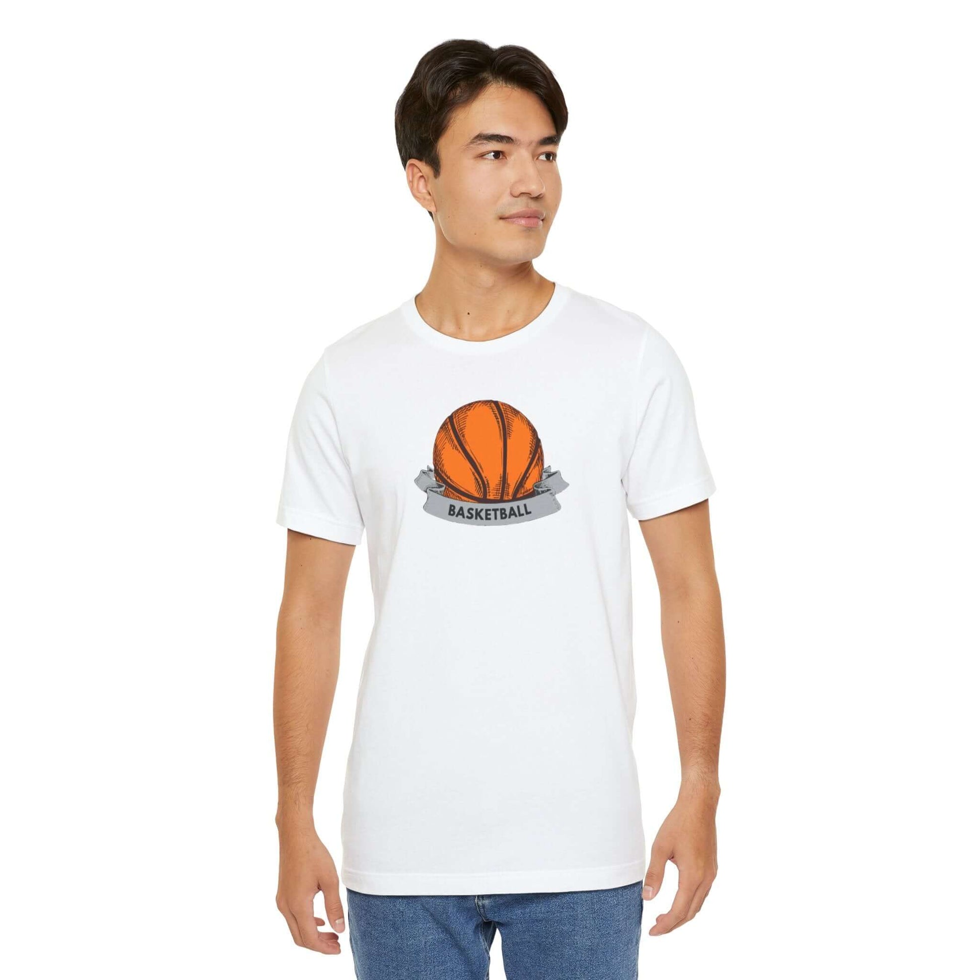 Unisex white basketball jersey tee featuring an orange basketball graphic, perfect for casual wear and sports enthusiasts.