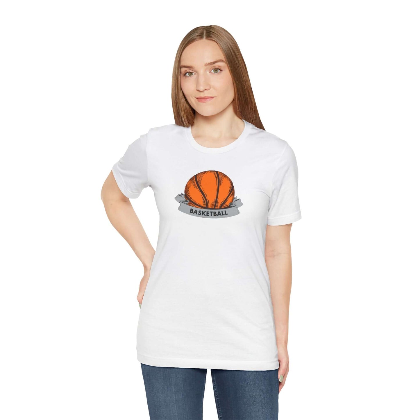 Unisex Basketball Jersey Tee in white, featuring a basketball graphic, ideal for sports enthusiasts and casual wear.