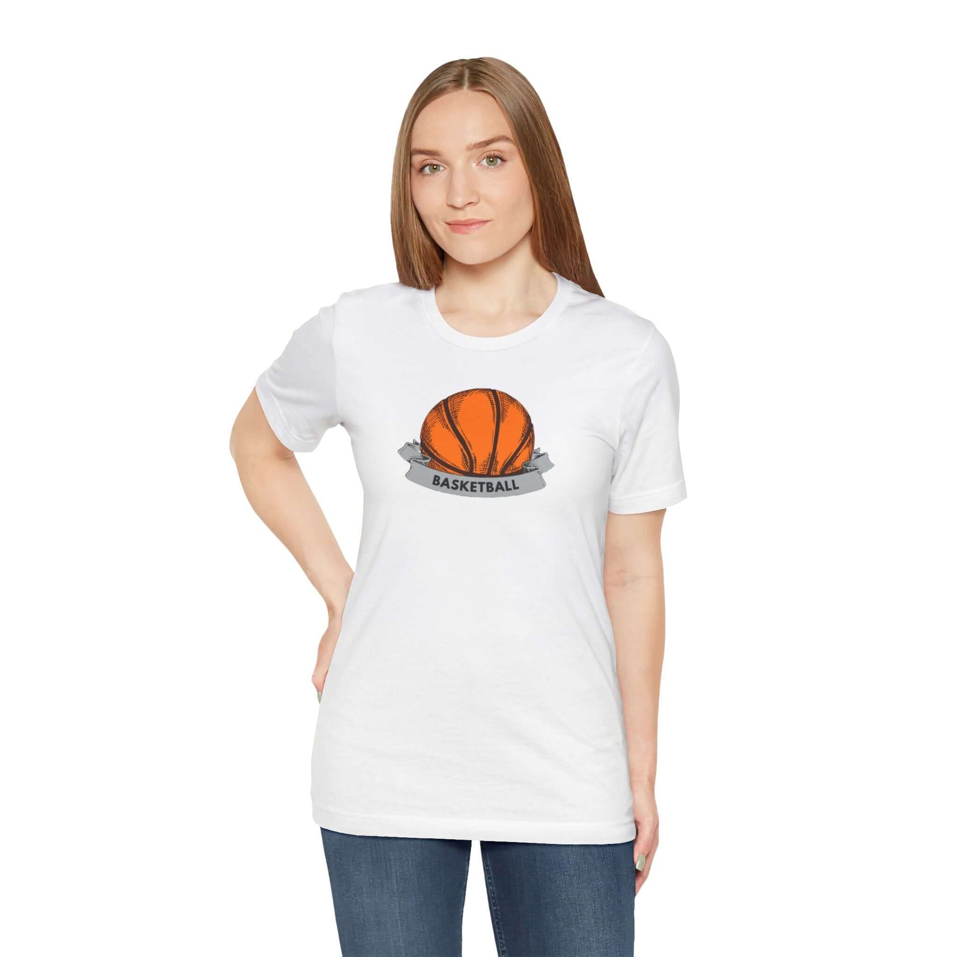Unisex Basketball Jersey Tee in white, featuring a basketball graphic, ideal for sports enthusiasts and casual wear.